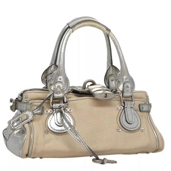 Chloe Paddington Hand Bag Canvas Leather Beige Silver Auth 105762 - Picture 1 of 15